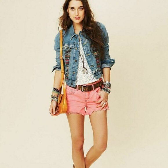 Free People Aztec Baja Print Boho Vintage Denim Jean Jacket 4 S - Picture 2 of 3